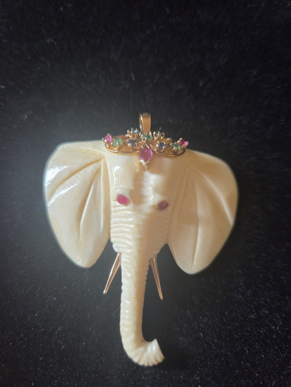 14k Gold Vintage Ivory Elephant Pendant with Gemstones